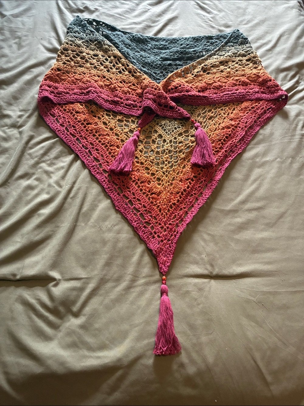 Handmade Gradient Crochet Triangle Shawl with Tassels - Pink, Orange, Gold, Blue